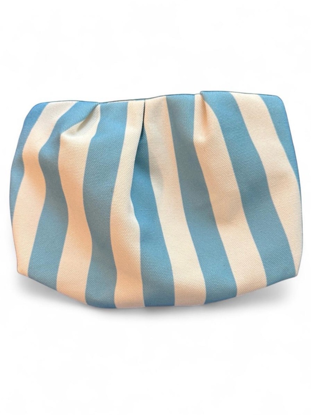 DUMPLING blue and white striped clutch bag with magnetic closure.
